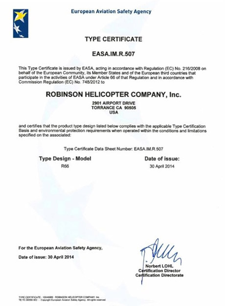 Robinson R66 Turbine  EASA type certification